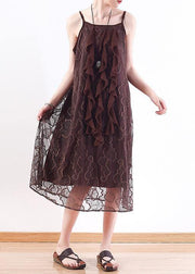 Women chocolate Lace tunic top stylish pattern sleeveless A Line summer Dresses - SooLinen