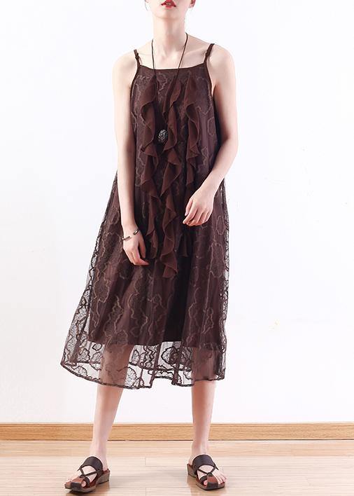 Women chocolate Lace tunic top stylish pattern sleeveless A Line summer Dresses - SooLinen