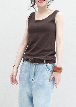 Women chocolate cotton Long Shirts sleeveless loose summer top - SooLinen