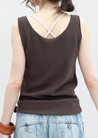 Women chocolate cotton Long Shirts sleeveless loose summer top - SooLinen