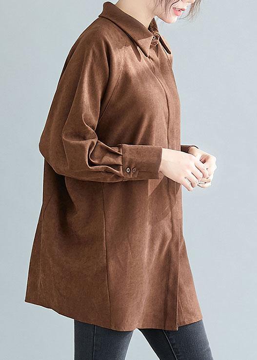 Women chocolate cotton tops women lapel Button oversized spring blouses - SooLinen