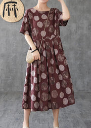 Women chocolate dotted linen cotton clothes o neck Cinched Robe Dress - SooLinen