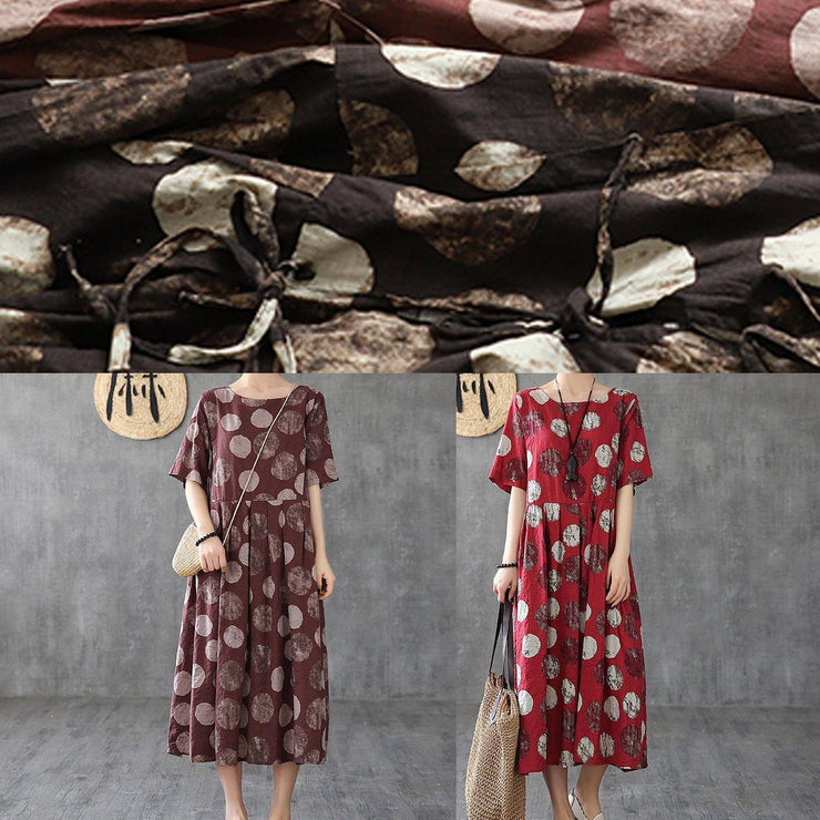 Women chocolate dotted linen cotton clothes o neck Cinched Robe Dress - SooLinen