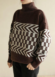 Women chocolate knitted pullover patchwork Loose fitting high neck sweaters - SooLinen
