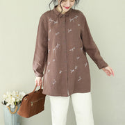 Frauen Schokolade Leinen Bluse Vintage Form Stickerei Plus Size Kleidung Revershemden