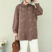 Women chocolate linen Blouse Vintage Shape embroidery Plus Size Clothing lapel shirts