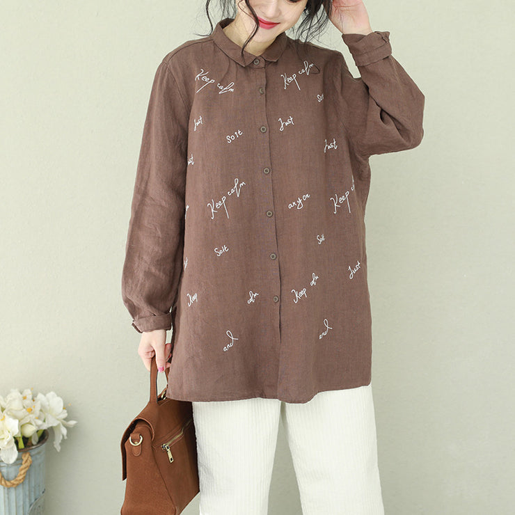 Women chocolate linen Blouse Vintage Shape embroidery Plus Size Clothing lapel shirts