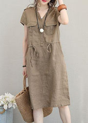 Women chocolate linen clothes v neck drawstring shift summer Dresses - SooLinen