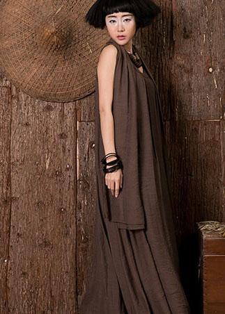 Women chocolate linen dresses sleeveless cotton Dresses - SooLinen