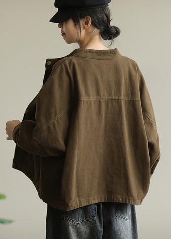Women chocolate fine coat for woman stand collar Button Down coat - SooLinen
