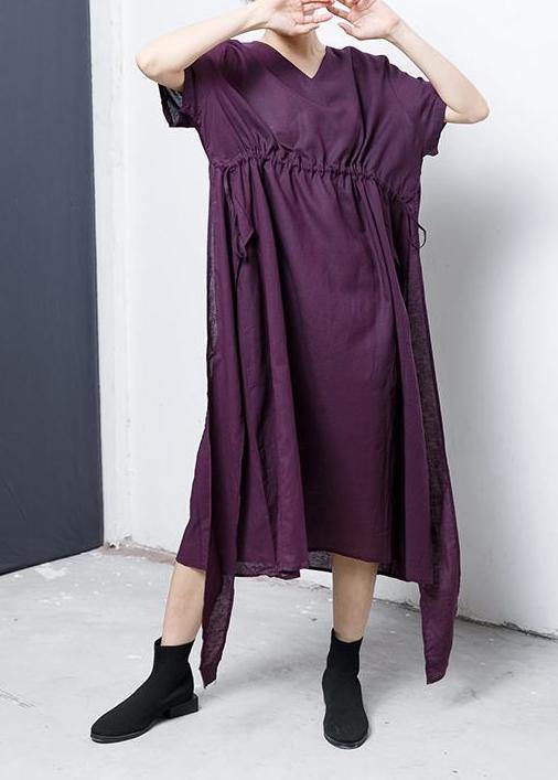 Women cotton Tunics Fine Lacing And Drawstring Solid Color Dress - SooLinen