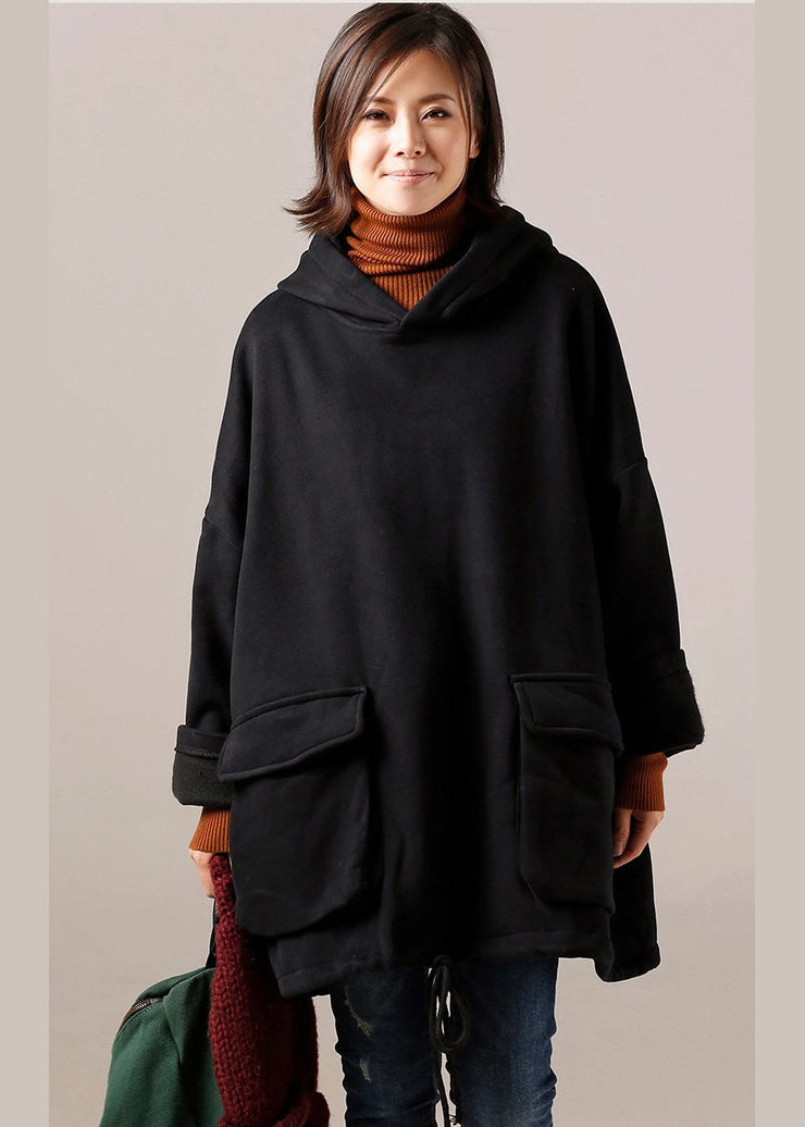 Women cotton blouses for high neck Sewing black Knee blouses hooded