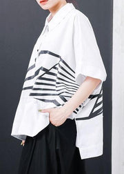Women cotton box top Plus Size Irregular Stripes High Low Hem Casual T-Shirt - SooLinen
