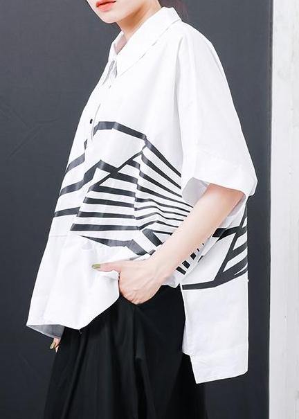 Women cotton box top Plus Size Irregular Stripes High Low Hem Casual T-Shirt - SooLinen
