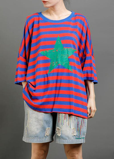Women cotton clothes For Women Pakistani Red And Blue Stripes Casual Loose Blouse - SooLinen