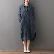 Women cotton linen outfit plus size Loose Irregular Hem Stripe Shirt Dress