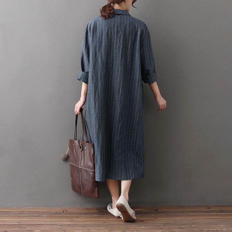 Women cotton linen outfit plus size Loose Irregular Hem Stripe Shirt Dress