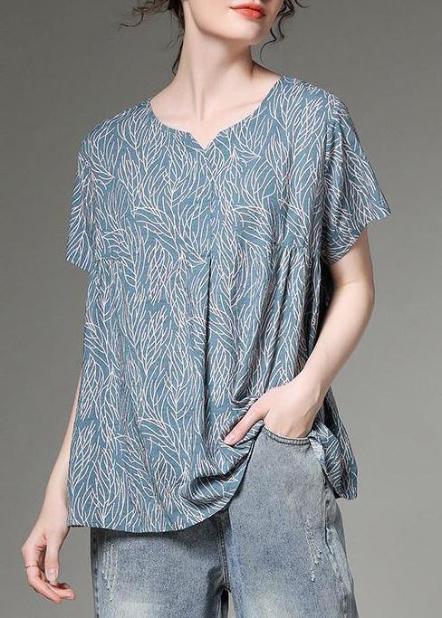 Women cotton linen tunic top Plus Size Split Neck blue Printed Pleated Short Sleeve T-Shirt - SooLinen