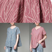 Women cotton linen tunic top Plus Size Split Neck blue Printed Pleated Short Sleeve T-Shirt - SooLinen