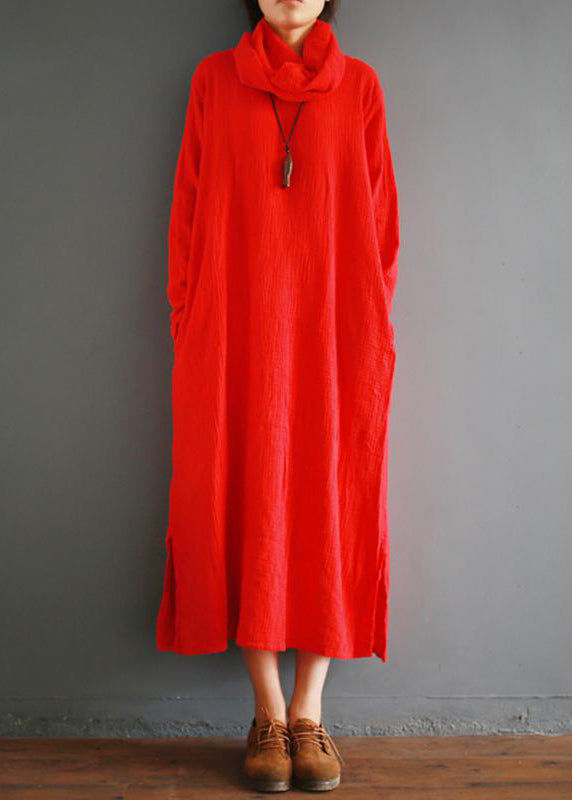 Damen-Baumwoll-Tuniken für Damen Tailliertes Rollkragen-Split-Los-Baumwoll-Vintage-Winterkleid
