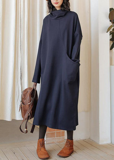 Women dark blue cotton Tunics high neck patchwork Plus Size fall Dress - SooLinen