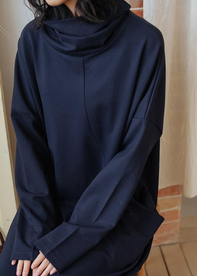 Women dark blue cotton Tunics high neck patchwork Plus Size fall Dress - SooLinen