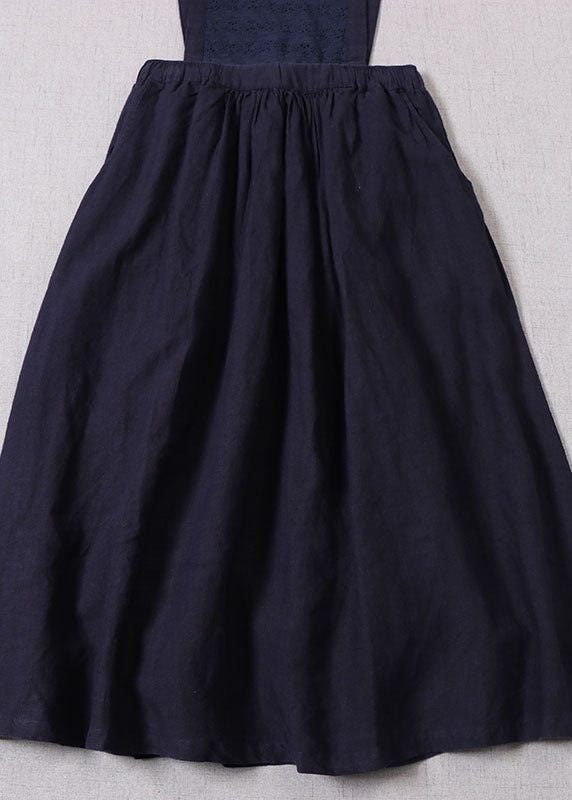 Women denim Blue Embroidered high waist Linen Dress Spring Casual Outfits
