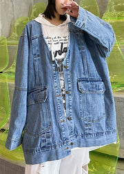 Women denim blue Fine trench coat Shape Button Down outwear - SooLinen