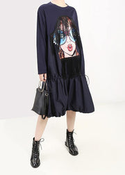 Women drawstring cotton Cartoon girl print clothes Inspiration blue Maxi Dresses - SooLinen