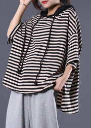 Women drawstring hooded cotton tunic pattern Tunic Tops black striped blouse summer - SooLinen