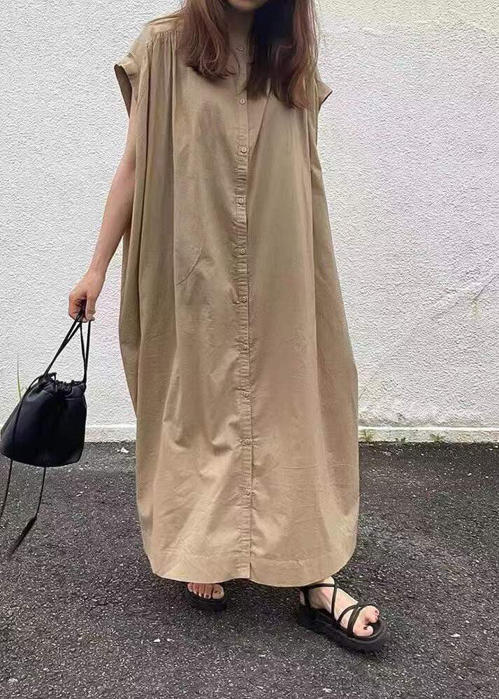 Frauen einfaches Khaki-Knopf-Baumwolllanges Kleid mit kurzen Ärmeln