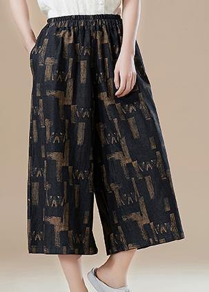 Women elastic waist wide leg pants cotton quilting clothes Drops Design Photography khaki print - SooLinen