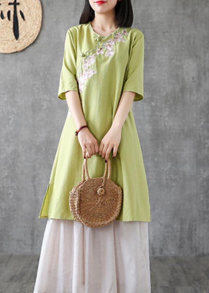 Women embroidery Chinese Button linen Catwalk green Dress - SooLinen