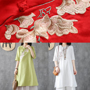 Women embroidery Chinese Button linen Catwalk green Dress - SooLinen