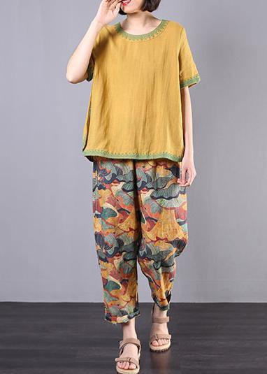 Women embroidery cotton linen Tunic yellow loose shirts summer - SooLinen