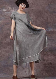 Women embroidery linen cotton clothes For Women Outfits gray side open Dresses summer - SooLinen