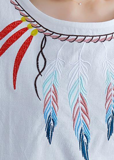 Women embroidery linen crane tops Neckline white shirts summer - SooLinen