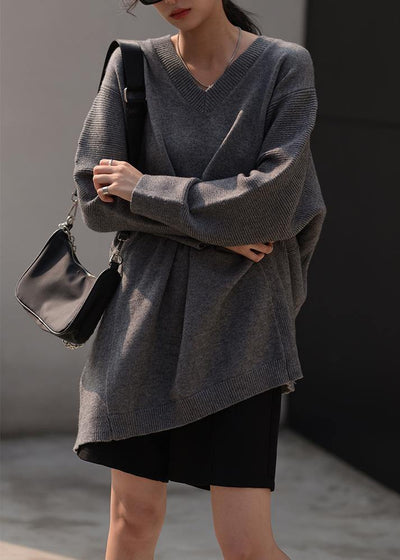 Women fall dark gray sweaters oversized v neck Blouse - SooLinen
