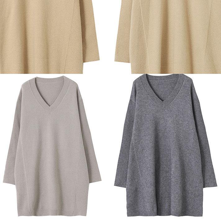 Women fall dark gray sweaters oversized v neck Blouse - SooLinen