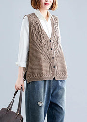 Women fall dark khaki v neck knitted blouse Loose fitting sleeveless clothes - SooLinen