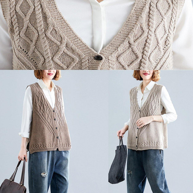 Women fall dark khaki v neck knitted blouse Loose fitting sleeveless clothes - SooLinen