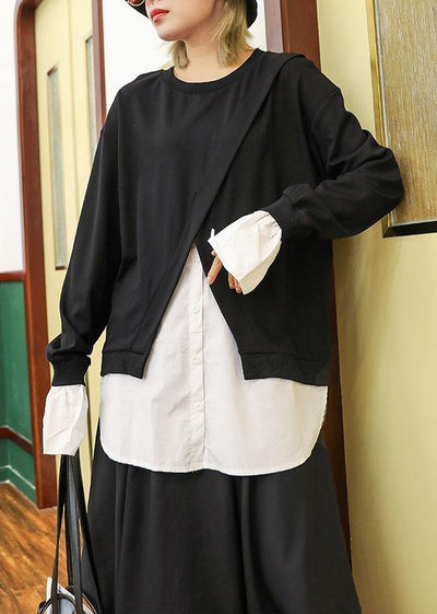 Women false two pieces cotton top silhouette Work Outfits black blouses fall - SooLinen