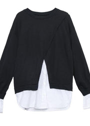 Women false two pieces cotton top silhouette Work Outfits black blouses fall - SooLinen