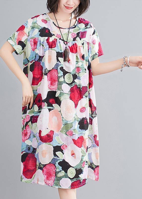 Women floral Cotton Wardrobes o neck Cinched tunic summer Dress - SooLinen