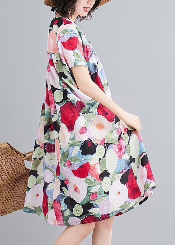 Women floral Cotton Wardrobes o neck Cinched tunic summer Dress - SooLinen