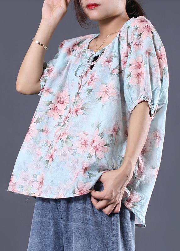 Women floral cotton linen tops women blouses design v neck summer shirt - SooLinen