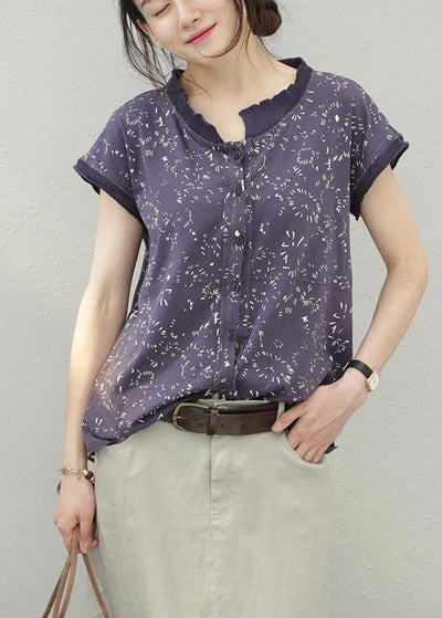 Women floral cotton tops stand collar silhouette summer shirt - SooLinen