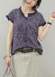 Women floral cotton tops stand collar silhouette summer shirt - SooLinen