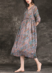 Blumen-Leinenkleider für Damen, Plus-Size-Shirts, V-Ausschnitt, Maxi-Sommerkleid mit drei Viertelärmeln