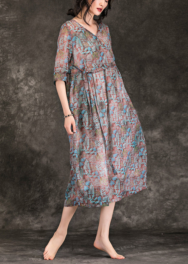 Women floral linen dresses Plus Size Shirts v neck Three Quarter sleeve Maxi Summer Dress